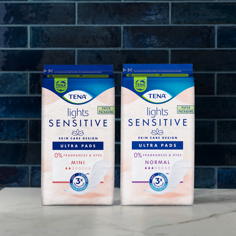 Product image of TENA Lights Sensitive Ultra Mini and Ultra Normal pads Product image of TENA Lights Sensitive Ultra Mini and Ultra Normal pads